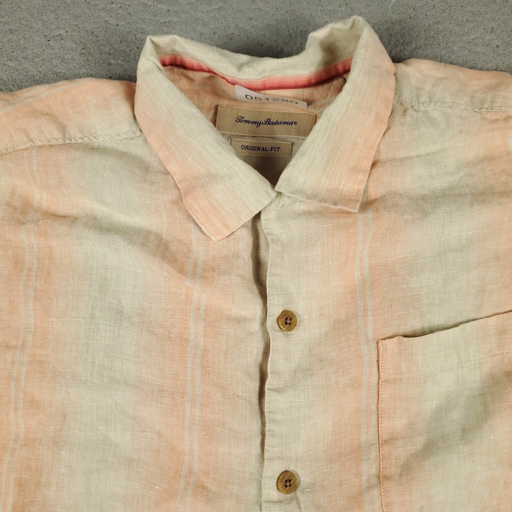 Tommy Bahama Shirt Mens Large Beige Linen Hawaiian Button Up Short Sleeve
